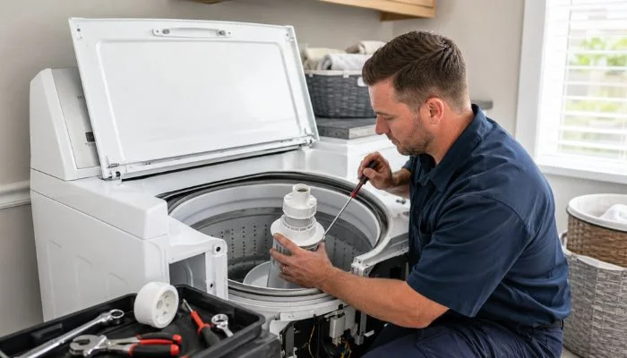 Technician repairing a top load washer agitator in Albany NY