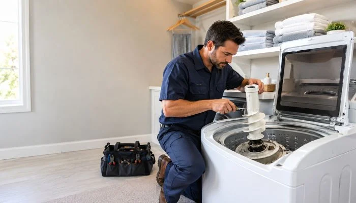 Washing machine agitator repair technician fixing a top-load washer in a bright home laundry room.